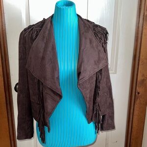 FAUX SUEDE BROWN FRINGE OPEN FRONT LINES JACKET SIZE SMALL
